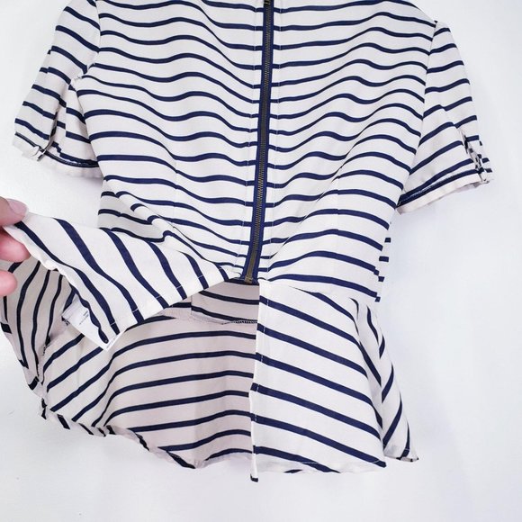 ANTHRO X PINS & NEEDLES Women's Cream Navy Blue Stripe Peplum Top XS Round Neck - Picture 11 of 14